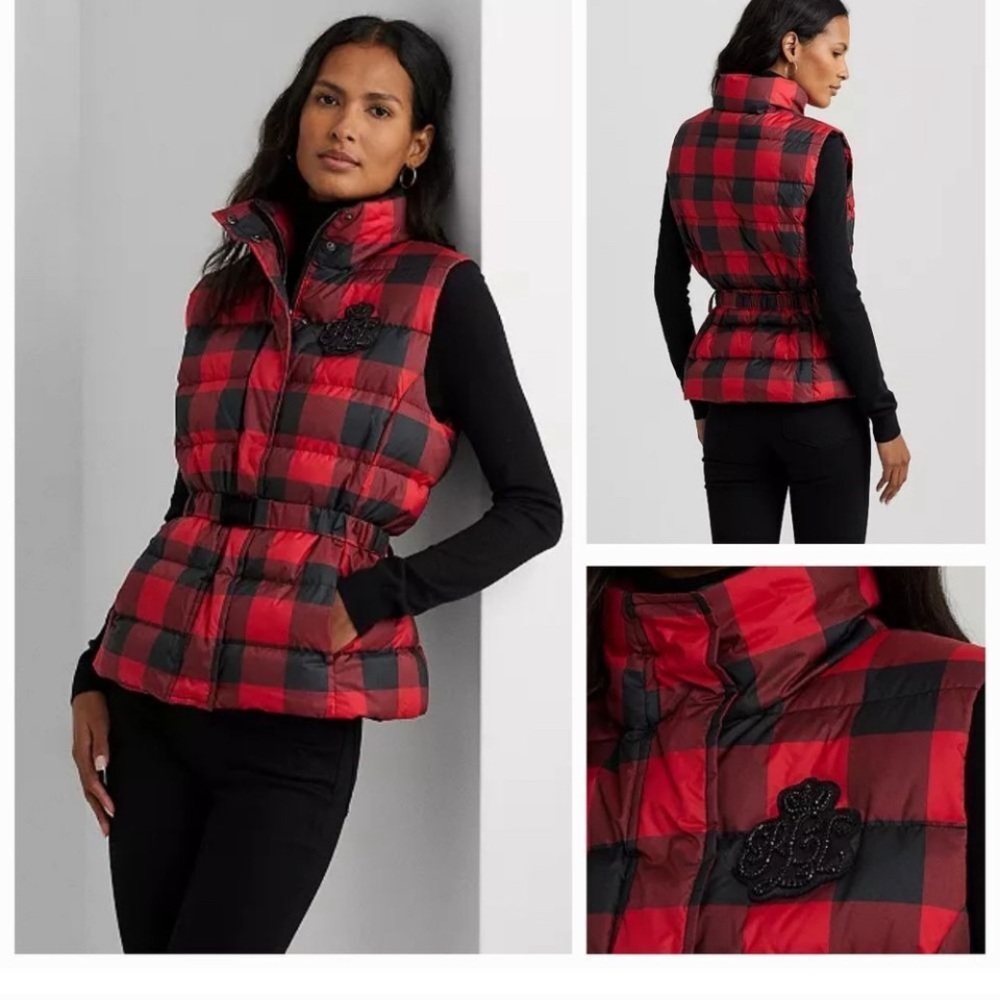 Lauren Ralph Lauren Women's Buffalo Check Down Vest Rhinestone Logo Size 18 NEW